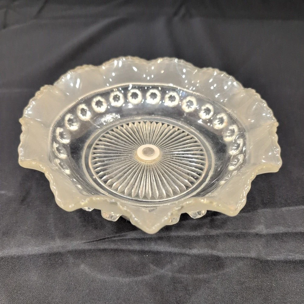 Vintage Frosted Ruffled Glass Compote Bowl Weighted Silver Tone Base - Picture 2 of 6